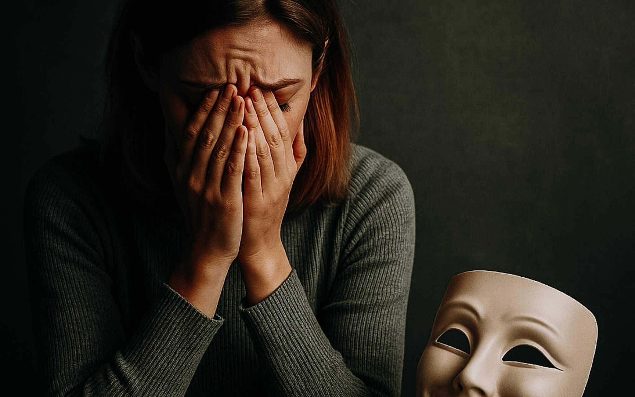 Frau die ihr wahres Gesicht hinter einer Maske zeigt