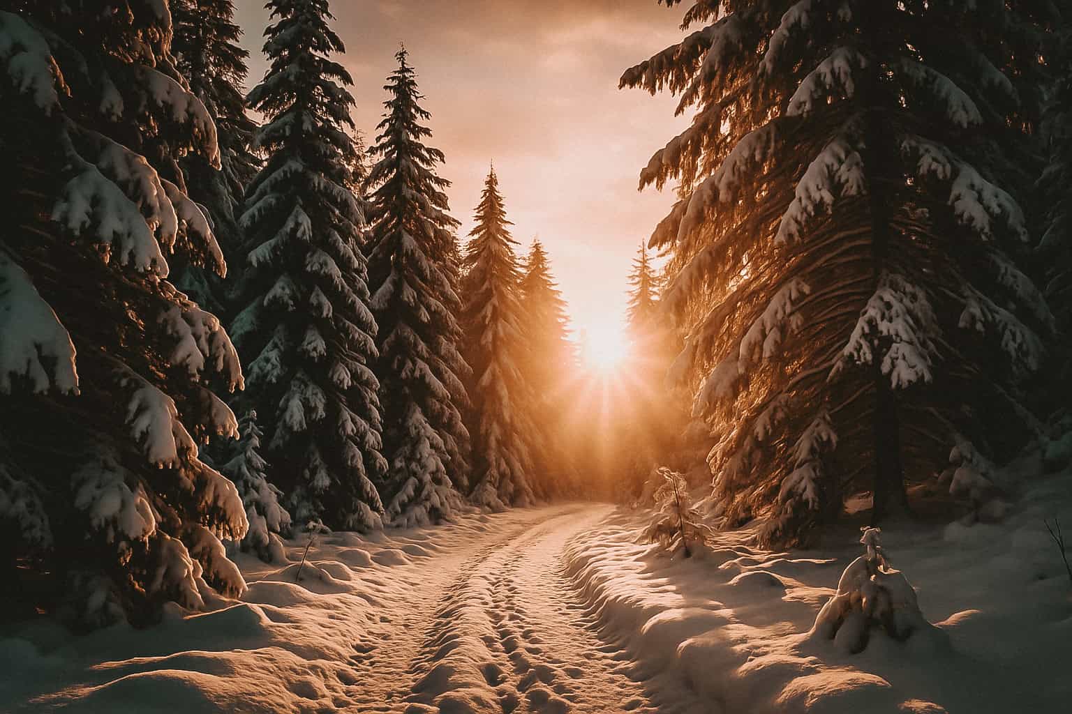 Winter Retreat Verschneiter Weg im Winterwald mit Sonnenlicht
