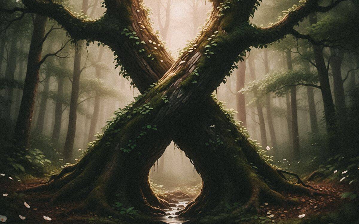 Blog (4) Ein geteilter Baum mit zwei Stämmen, die zusammenwachsen – Sinnbild für Liebe, Bewusstsein und Verbindung in Beziehungen.