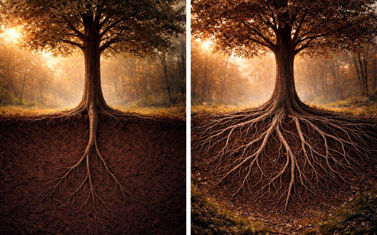 Blog (10) Ein Baum mit nur einer Wurzel und ein anderer Baum, der gut verwurzelt ist.