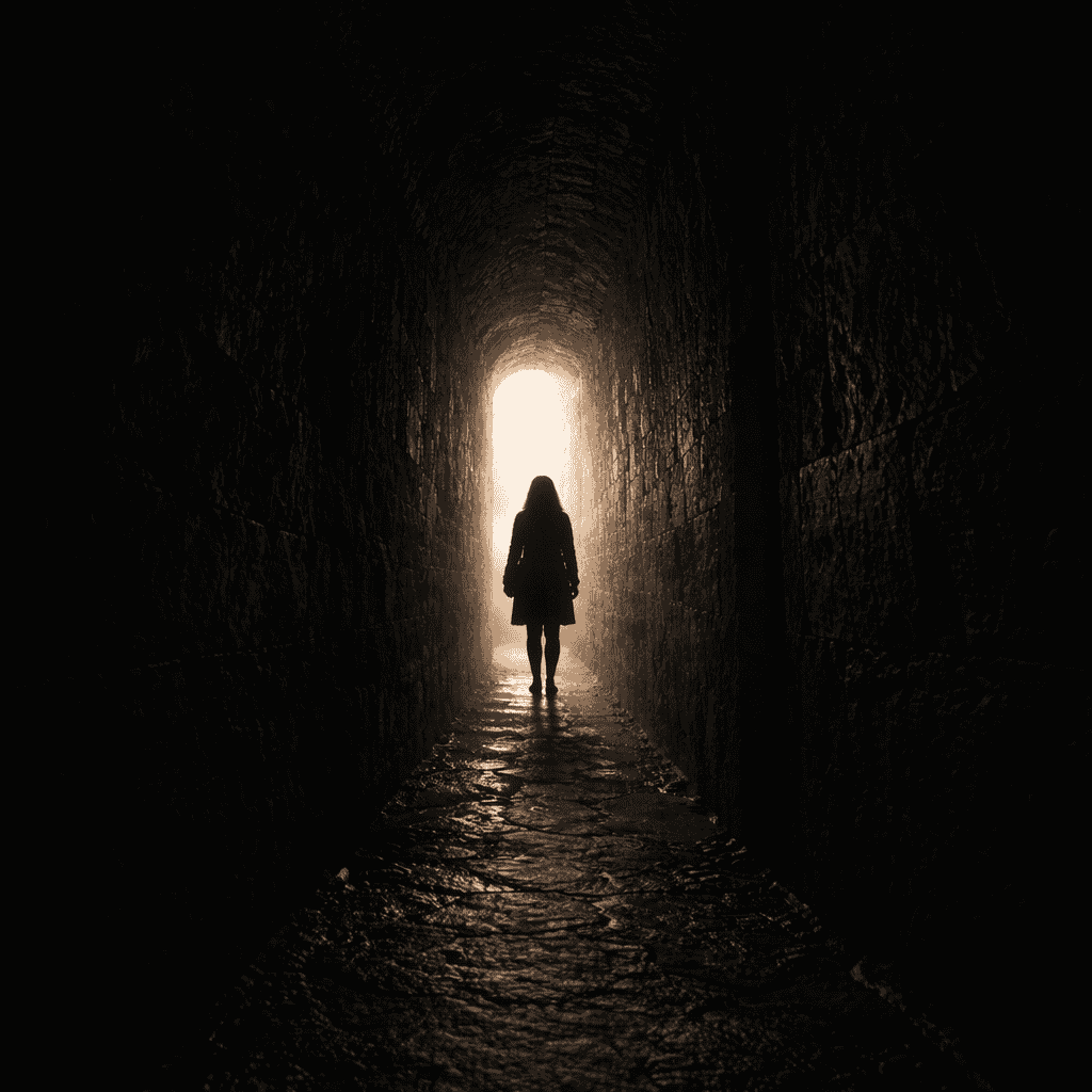 ChatGPT Image 19. Apr. 2026, 17_59_23 Frau geht durch einen engen, dunklen Gang auf ein Licht am Ende zu – "Wer dableibt, wenn es eng wird, findet den Weg durch"