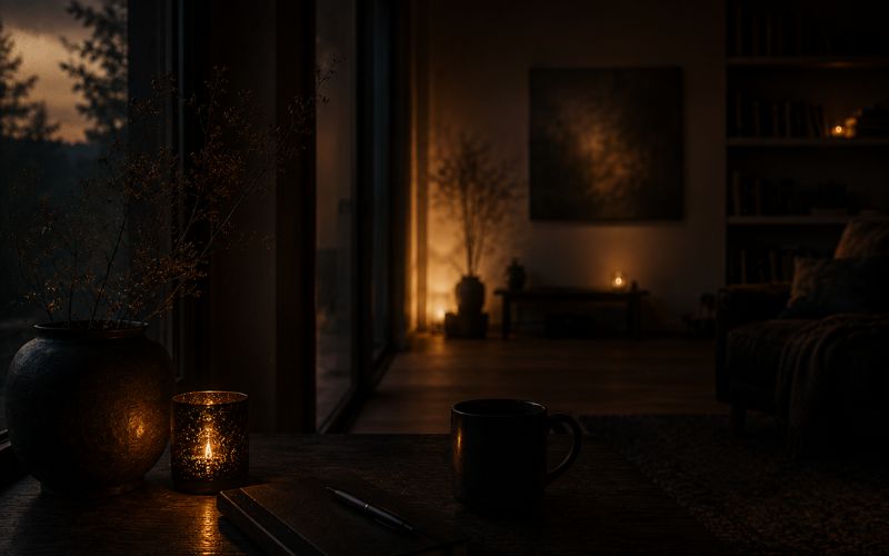 Online-Retreat (4) Nachdenkliche Frau im Dunkeln mit Lichterkette – Symbol für Hoffnung in der Nacht.