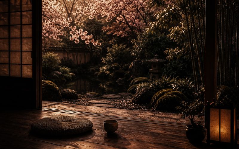 Freiheit Eine alte japanische Holzveranda mit Blick in einen Garten.