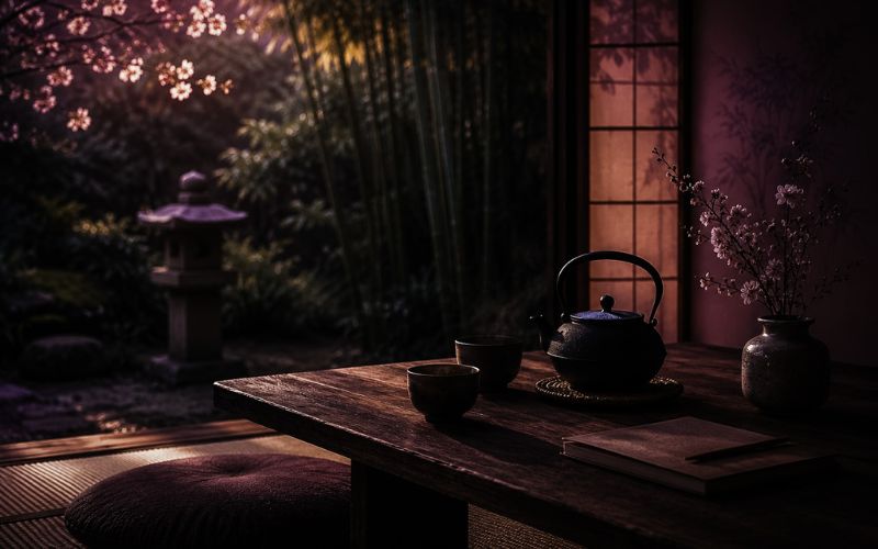 Retreat_I Am Japanischer Raum mit Teekanne und Teebecher auf Holztisch